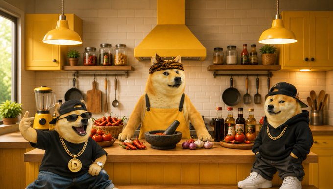 The image features three dogs sitting at a kitchen counter with various food items such as bowls of vegetables and bottles of sauce. The background includes yellow cabinets and a window, creating an inviting atmosphere for cooking or dining. A caption below the photo reads "No matter where you're from, spicy is a universal language. Dogecoin accepted here." This suggests that the dogs are partaking in a cooking activity related to spicy food, possibly inspired by the popular culture reference of the character Dora the Explorer who always adds hot sauce to her meals.