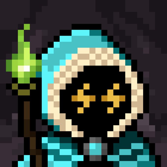 A pixel art character with a dark hood, glowing orange cross-shaped eyes, and a cyan and white hood, holding a green leafy staff.