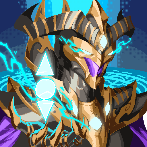 An illustration of a menacing armored character resembling Aatrox from League of Legends, featuring dark horns, golden armor, and glowing blue runes on its chest, with a large purple gem embedded in its helmet.