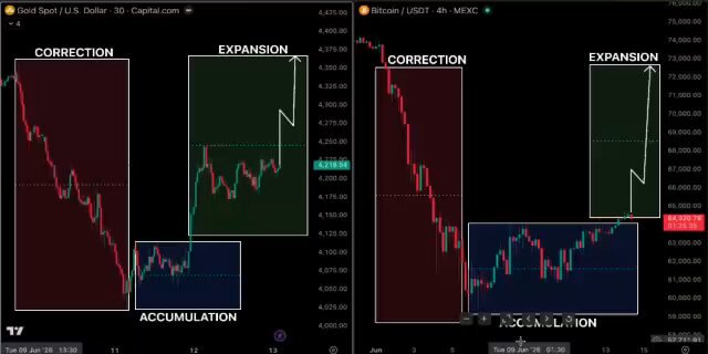 In the given image, there are two charts showing the performance of gold and bitcoin over a week with multiple lines representing their price fluctuations. The chart on the left displays the gold prices against time while the chart on the right represents Bitcoin's performance throughout the day. Both charts display various peaks and valleys indicating market trends and changes in value for both assets during this period.