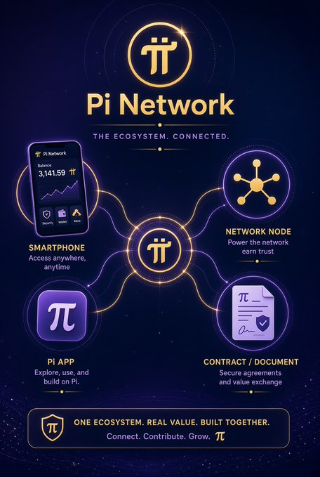 A promotional graphic for 'Pi Network' with the tagline 'THE ECOSYSTEM. CONNECTED.' displaying features like Smartphone, Network Node, Pi App, and Contract/Document around a central Pi symbol.
