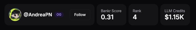 A profile banner displaying the username '@AndreaPN' with OG badge, Follow button, Bankr Score of 0.31, Rank 4, and LLM Credits of $1.15K.