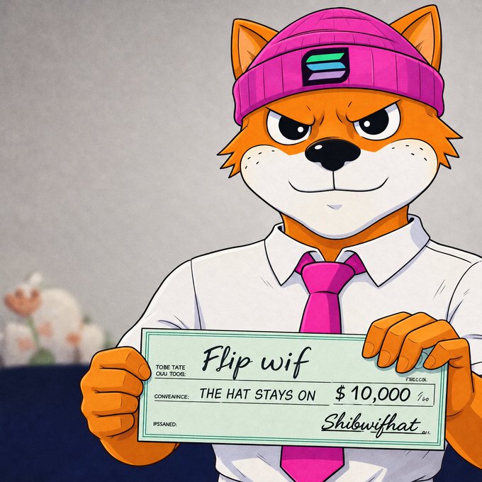 A cartoon orange fox mascot wearing a pink beanie with a Solana logo and a pink tie, holding a $10,000 check made out to 'Flip wif' with the memo 'THE HAT STAYS ON' signed by 'Shibwifhat'.