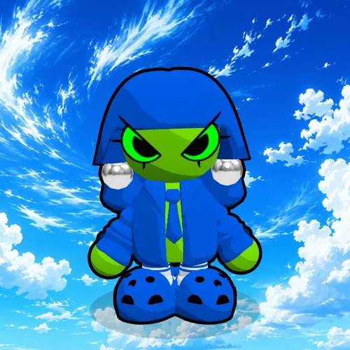 Cartoon illustration of a green alien character with angry eyes wearing a blue suit and tie, standing against a blue sky with white clouds.