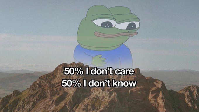 A Pepe the Frog meme towers over a rocky mountain peak with the caption "50% I don't care / 50% I don't know," humorously capturing the indifferent and uncertain market sentiment before re-engaging with trading.