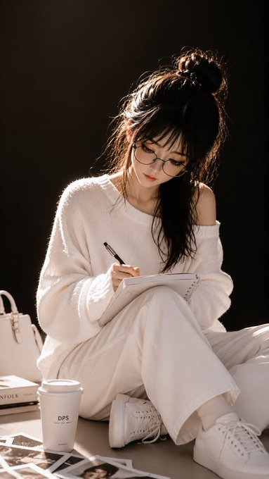An artistic portrait of a young woman with dark hair in a bun, wearing glasses and a white off-shoulder sweater, sitting and writing in a notebook, accompanied by a white handbag and coffee cup, with polaroid photos scattered on the floor.