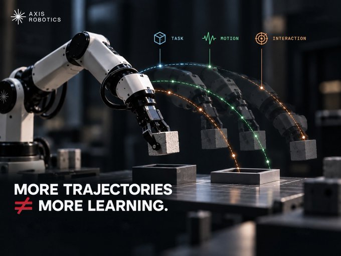 A marketing graphic for AXIS ROBOTICS showing a robotic arm placing a block onto a cube, with colorful trajectory lines illustrating task, motion, and interaction data, accompanied by the text "MORE TRAJECTORIES ≠ MORE LEARNING."