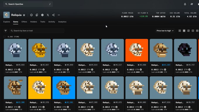 The image shows the OpenSea marketplace page for the "Reliquia" NFT collection, displaying a grid of pixel-art skull/mummy collectibles priced at 0.0012 ETH with a 24-hour volume of 0.21 ETH. This relates to the post's call to support the artist behind @reliquiaoneth, who has been working hard but struggled to gain attention from the NFT community.