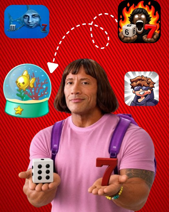 A promotional graphic features Dwayne "The Rock" Johnson wearing a bowl cut wig and pink shirt, holding a die showing 5 and a red number 7, surrounded by colorful gaming app icons including dice, a fish, and a goldfish snow globe against a red striped background.