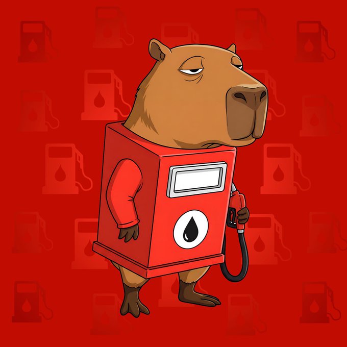 A cartoon illustration of a brown capybara wearing a red gas pump costume, holding a fuel nozzle against a red background patterned with gas pump icons.