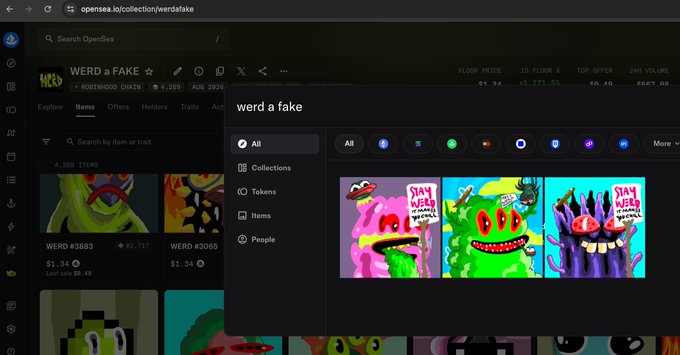 An OpenSea page showing the 'WERD a FAKE' collection on the ROSEWOOD CHAIN with 1,259 items, displaying cartoonish colorful monster illustrations with one item priced at 1.34 ETH.