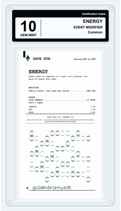 A Certification Cabal trading card labeled '10 GEM MINT' for 'ENERGY', an 'EVENT MODIFIER' of 'Common' rarity, playable with one hype, signed 'goldenbronny.eth'.