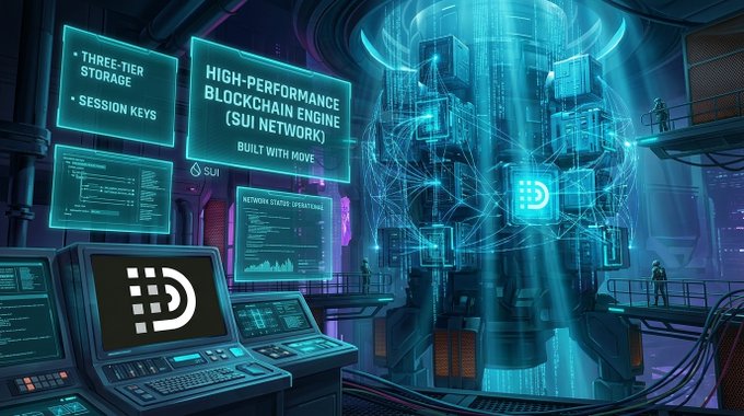 Futuristic, sci-fi style digital rendering of a 'HIGH-PERFORMANCE BLOCKCHAIN ENGINE (SUI NETWORK)' built with Move, showing the SUI logo and 'THREE-TIER STORAGE' alongside glowing holographic displays and server racks.