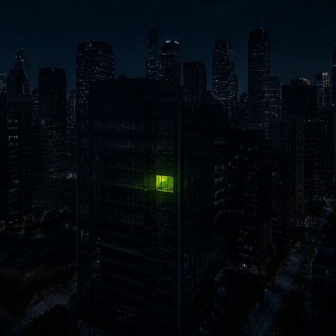 A nighttime cityscape features a single, brightly illuminated green window glowing amid the dark skyscrapers, symbolizing constant vigilance. This visual metaphor of one lit office in a sleeping city reinforces the message that "Trading 24 hours non-stop, OKX Wallet, open anytime."