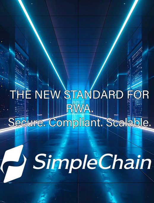 Promotional graphic for SimpleChain, featuring the tagline 'THE NEW STANDARD FOR RWA. Secure. Compliant. Scalable.' overlaid on an image of a futuristic blue-lit server corridor.