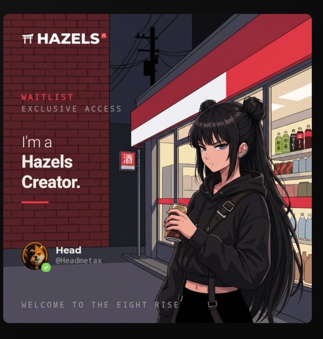 An anime-style promotional graphic for "HAZELS" waitlist access featuring a dark-haired character outside a convenience store, labeled "I'm a Hazels Creator" by user "Head" (@Headmetax).