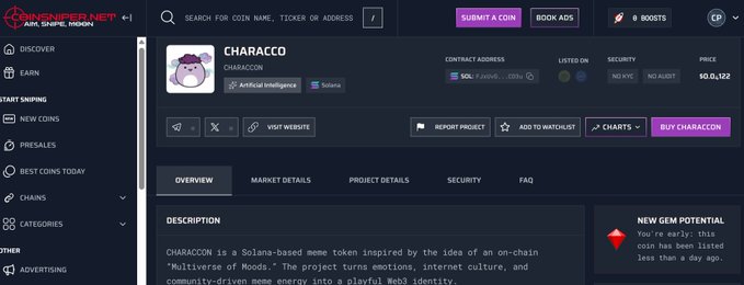 The MemeSniper.net listing page for the $CHARACCO token on Solana, showing a price of $0.0₄122, marked as a 'New Gem Potential'.
