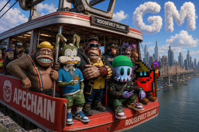 A vibrant AI-generated scene of a Roosevelt Island tram filled with various crypto/NFT mascot characters (including an ape, Bugs Bunny, a pirate, DECEN agent, and a pixelated red figure) with 'APECHAIN' branding, flying past the NYC skyline and Brooklyn Bridge with 'CZ' written in clouds.