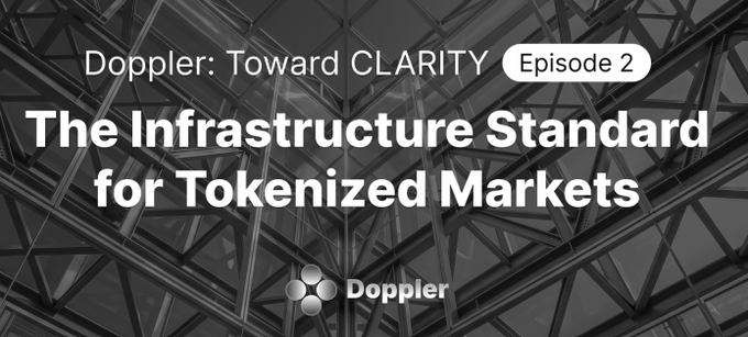 A Doppler promotional banner titled 'Doppler: Toward CLARITY - Episode 2: The Infrastructure Standard for Tokenized Markets' over a dark structural background.