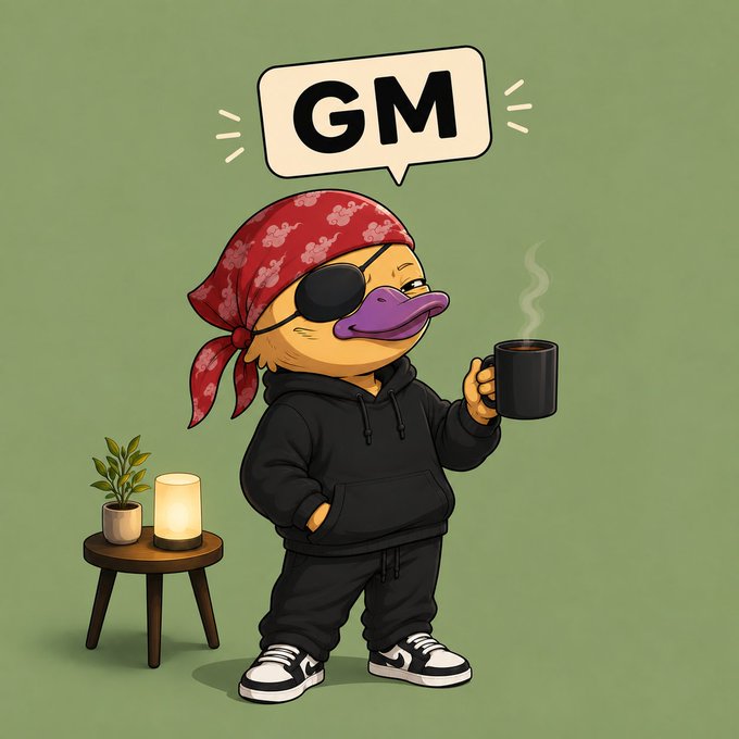 A cartoon illustration of a duck dressed as a pirate with an eyepatch and red bandana, holding a steaming mug with a speech bubble saying 'GM'.