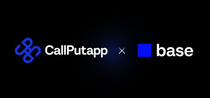 A promotional graphic on a black background displaying 'CallPutapp × base' with their respective logos, indicating a partnership or collaboration.