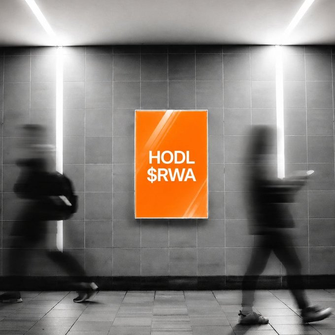 The image shows a motion-blurred street scene where two people rush past an illuminated orange poster on a tiled wall, creating a stark contrast between their hurried movement and the bold, stationary message reading "HODL $RWA." The composition reinforces the caption's theme of stillness amid chaos—while the world spins in fast motion, the poster stands firm, embodying the patience of holding $RWA while others rotate through fleeting opportunities.