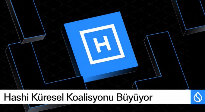 The image features an advertisement for Bitcoin, with a prominent blue square containing the word "H". The text below the square reads "Hashi Kuresel Koalisysonu Buyiyor" which translates to "Bitcoin Finance on Sui". The background of the image is black and white.