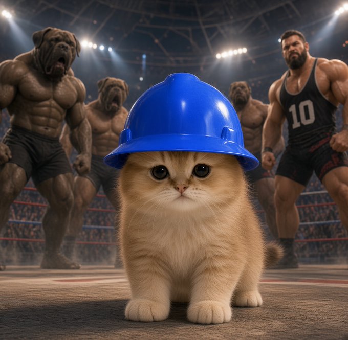 A small, fluffy cat wearing a blue hard hat standing in a boxing ring surrounded by heavily muscled men and dogs under bright arena lights.