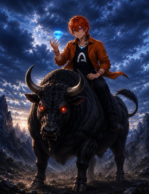A red-haired figure in an orange jacket holds up a glowing blue diamond while riding a massive black bull with glowing red eyes across a dramatic mountain landscape, visually embodying the post's "bullish" sentiment toward the Arc project.