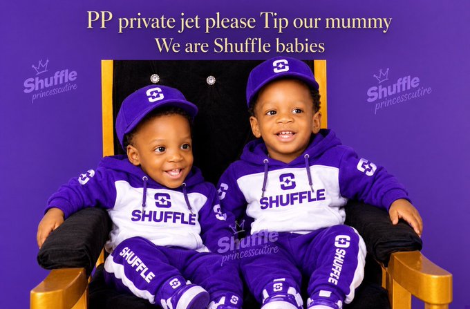 Two young children wearing matching purple and white 'SHUFFLE' branded hoodies, pants, and caps, sitting on golden chairs against a purple background with text reading 'PP private jet please Tip our mummy We are Shuffle babies'.