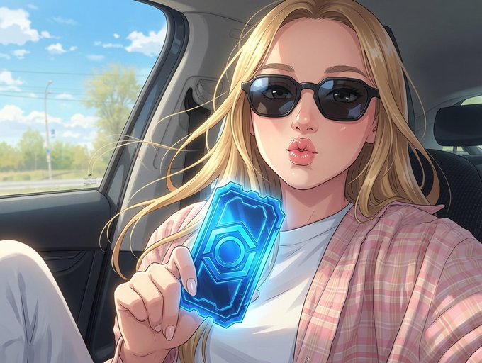 An anime-style blonde woman in sunglasses sits in a car, holding up a glowing blue futuristic device with a thoughtful expression.