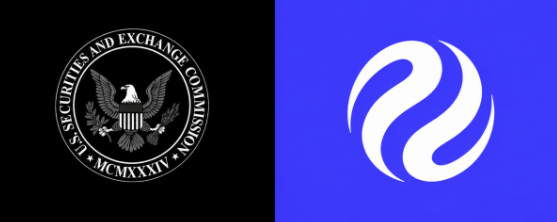 The image displays the official seal of the U.S. Securities and Exchange Commission on a black background next to a white swirling logo on a bright blue background.