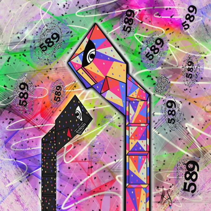 A colorful digital artwork featuring a tall, geometric figure with a triangular head and patterned body, surrounded by abstract shapes and the repeated number '589'.