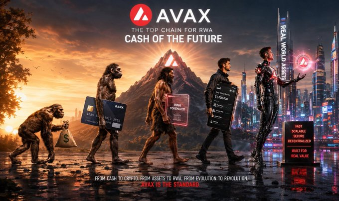 A promotional graphic for "AVAX - THE TOP CHAIN FOR RWA - CASH FOR THE FUTURE" showing an evolution-style progression from ape to human to a futuristic robot against a futuristic city backdrop, with text "FROM CASH TO CRYPTO. FROM ASSETS TO RWA. FROM EVOLUTION TO REVOLUTION."