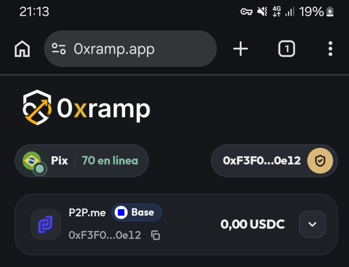 A mobile screenshot of the Oxramp.app website showing a wallet interface with Pix (70 en línea), a wallet address (0xF3F0...0e12), and a USDC balance of 0.00.
