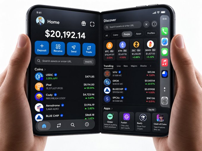 A person's hands hold an iPhone displaying the Base App, split between a "Home" screen showing a $20,192.14 balance and a "Discover" screen featuring trending crypto assets like BTC, ETH, ZEC, and SHIB with their respective prices and percentage changes. The mockup visualizes the concept of running the Base App on the rumored dual-screen "iPhone Duo" device, utilizing both displays simultaneously to show portfolio overview and market discovery side by side.