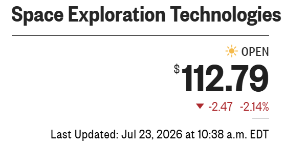 The image shows a stock quote for Space Exploration Technologies (ticker: SPCX) displaying a price of $112.79, down $2.47 (-2.14%), marked as OPEN, with the post timestamped July 23, 2026. The image supports the bullish sentiment expressed in the post, visually confirming the "lower" price drop that the commenter is using as a buying opportunity signal.