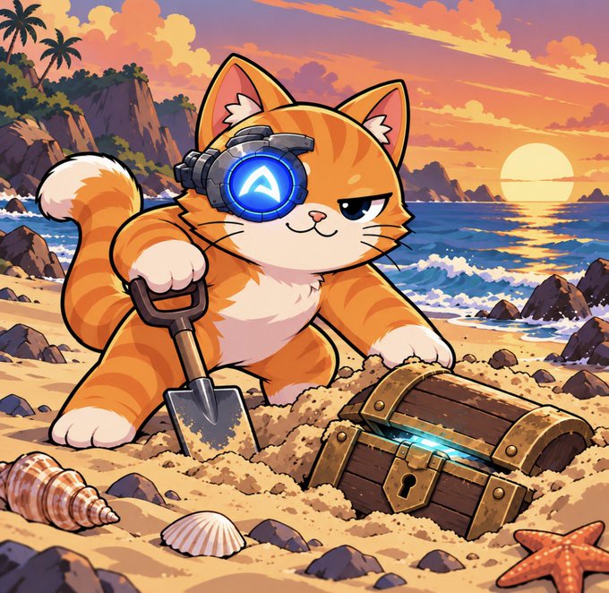 A pixel art illustration of a determined orange tabby cat wearing a glowing blue cyber-eye visor, digging on a beach with a shovel next to an open treasure chest.