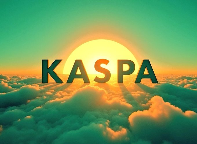 The word "KASPA" is displayed in large green letters against a sunset backdrop with clouds and a rising sun, symbolizing a new dawn for the $KAS cryptocurrency as highlighted by the post promoting the upcoming hardfork and dismissing competing tokens.