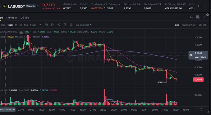 A Binance trading chart for LABUSDT showing a significant downtrend from ~$1.0523 to $0.782, with current price at 0.7377 and 30.30% decline.