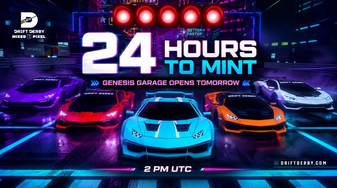 A promotional banner for 'DRIFT DERBY NIXED PIXEL' announcing '24 HOURS TO MINT' and 'GENESIS GARAGE OPENS TOMORROW' at 2 PM UTC, featuring colorful racing cars.