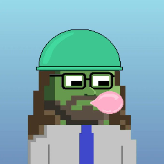 Pixel art of a Minecraft zombie-like character wearing a hard hat, glasses, shirt and tie, and blowing a pink bubblegum bubble.