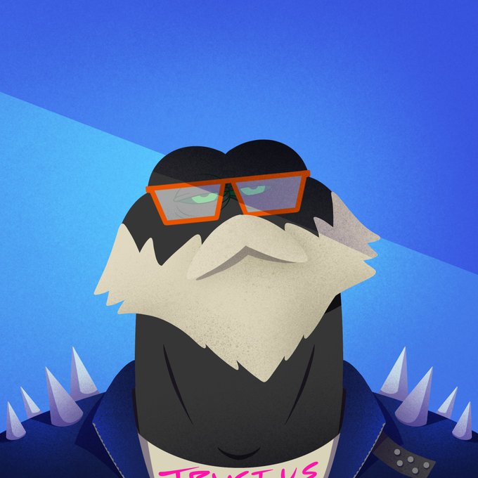 A stylized digital illustration of a penguin-like character with black hair and red-framed glasses, wearing a spiked leather jacket against a blue geometric background.