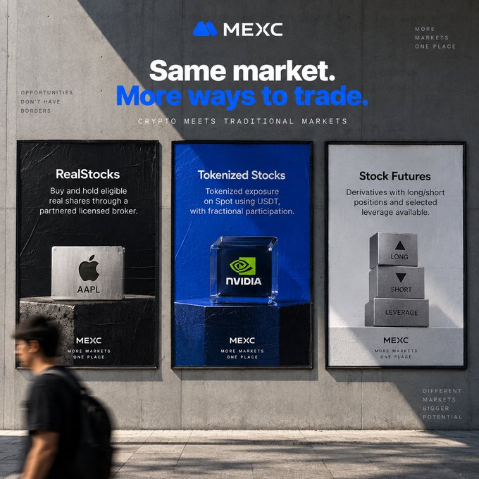 A billboard advertisement for MEXC exchange displays the tagline 'Same market. More ways to trade. CRYPTO MEETS TRADITIONAL MARKETS' alongside three sections for RealStocks (AAPL), Tokenized Stocks (NVIDIA), and Stock Futures.