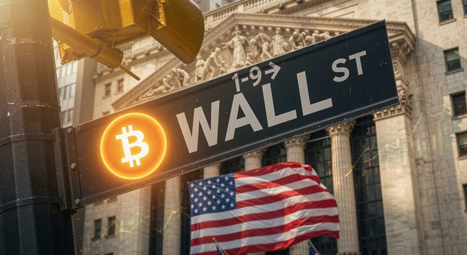 A "Wall St" street sign is adorned with a glowing Bitcoin symbol, set against the backdrop of an American flag and what appears to be the New York Stock Exchange building, with subtle stock chart lines overlaid. The image visually reinforces the post's message of surging institutional investment in U.S. Bitcoin ETFs, highlighting the intersection of traditional finance (Wall Street, the American flag) and the growing crypto market.