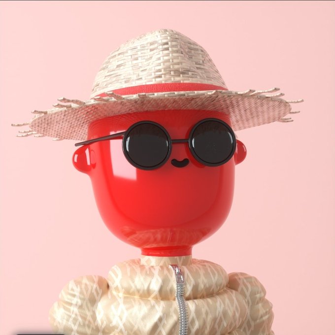 A 3D-rendered glossy red figure wearing a straw hat, black round sunglasses, and a textured cream jacket, set against a pink background.