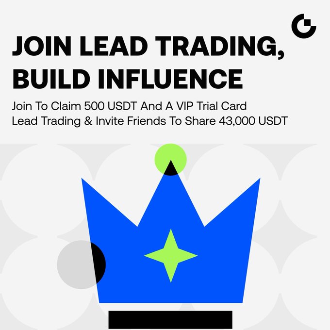 Promotional graphic reading “JOIN LEAD TRADING, BUILD INFLUENCE” and “Join To Claim 500 USDT And A VIP Trial Card,” with “Lead Trading & Invite Friends To Share 43,000 USDT.” It illustrates the post’s Phase 8 recruitment campaign for lead traders, featuring a large blue-and-green crown and emphasizing USDT bonuses, VIP 5, profit sharing, and lead-trading rewards.