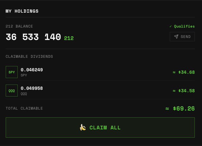A dark-themed digital wallet dashboard showing 'MY HOLDINGS' with a balance of 36,533,140 tokens and claimable dividends from SPY (~$34.68) and QQQ (~$34.58), totaling approximately $69.26, with a 'CLAIM ALL' button.