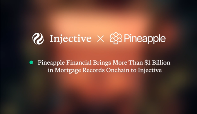 A graphic announcement reading 'Injective x Pineapple' with the headline 'Pineapple Financial Brings More Than $1 Billion in Mortgage Records Onchain to Injective'.