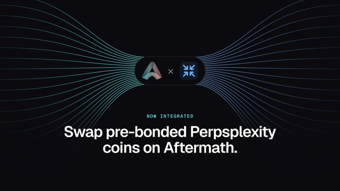 A dark promotional graphic announces that pre-bonded Persplexity coins are now integrated and swappable on Aftermath, featuring the Aftermath and Persplexity logos alongside flowing teal and blue lines that visualize the integration between the two platforms.